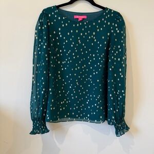 Lilly Pulitzer 100% Silk Teal Blouse with Gold Dot Print Size M